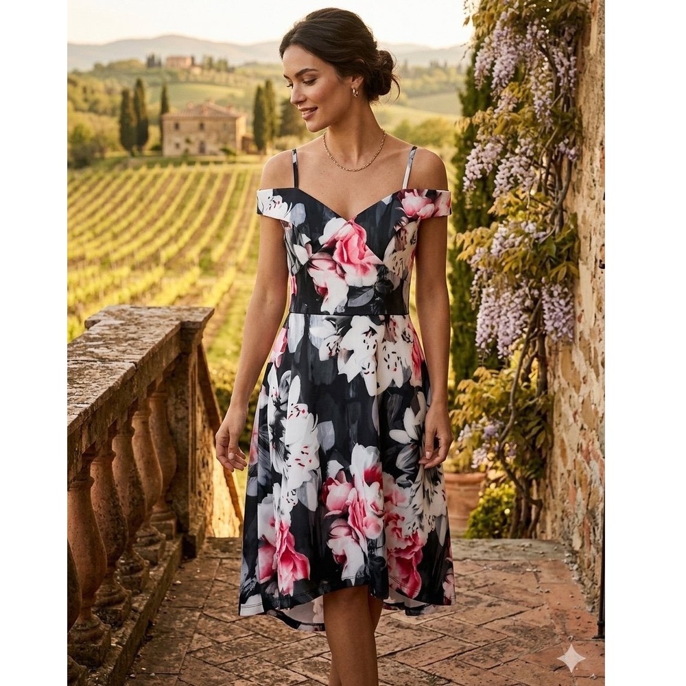 Venus Black Pink Floral Cold Shoulder High Low Fit & Flare Dress Small Coquette